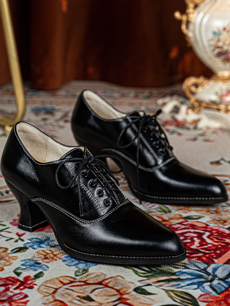 Black Vintage Lace-Up Victorian Leather Oxford Heels