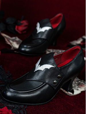 Black Victorian Gothic Bat Wing Flap Leather Shoes