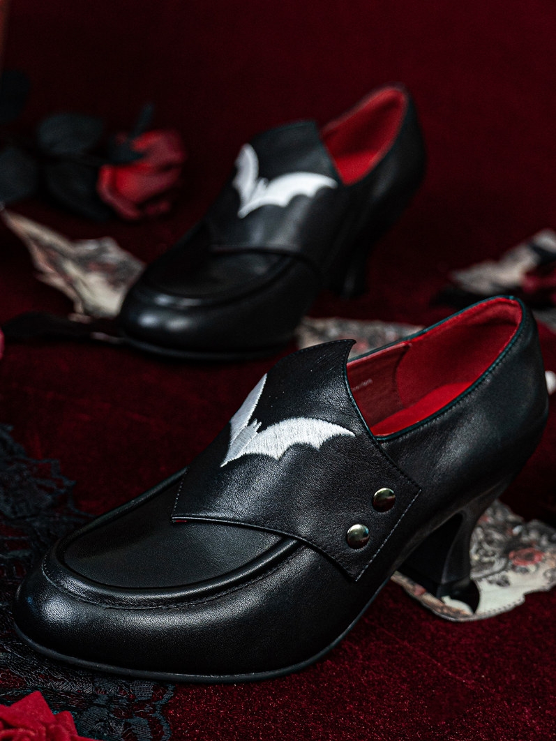 Black Victorian Gothic Bat Wing Flap Leather Shoes