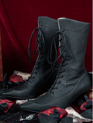 Black Leather Pointed Toe Kitten Heel Victorian Boots