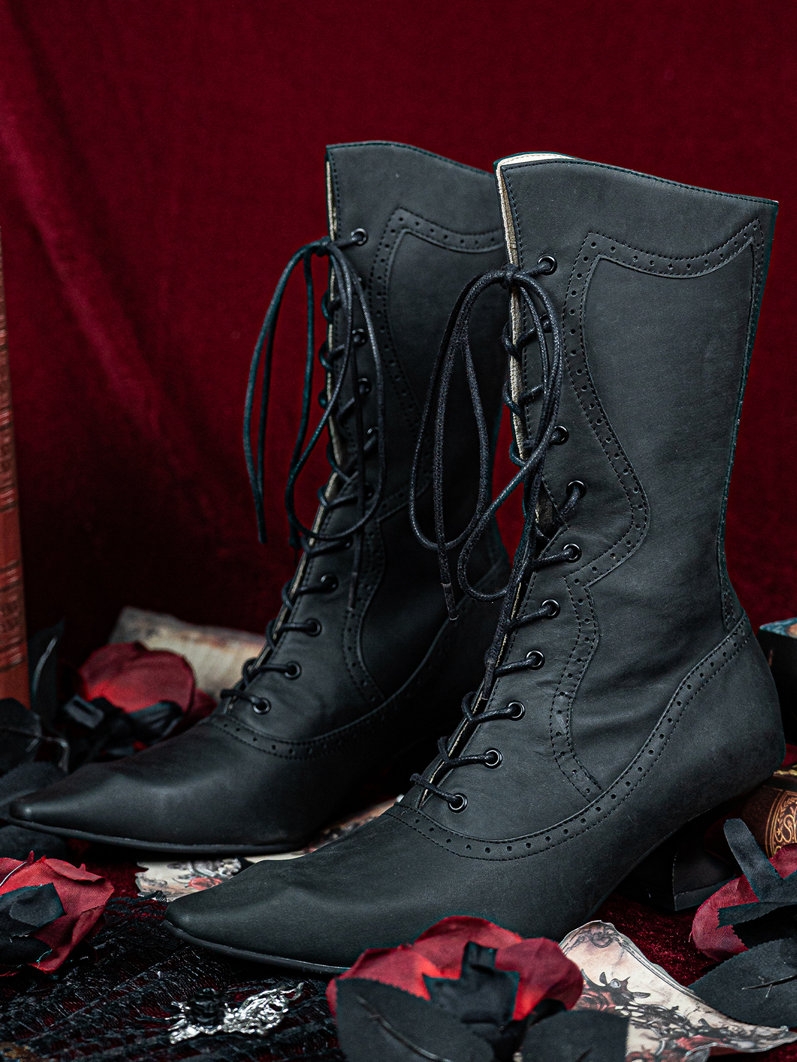 Black Leather Pointed Toe Kitten Heel Victorian Boots