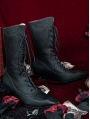 Black Leather Pointed Toe Kitten Heel Victorian Boots