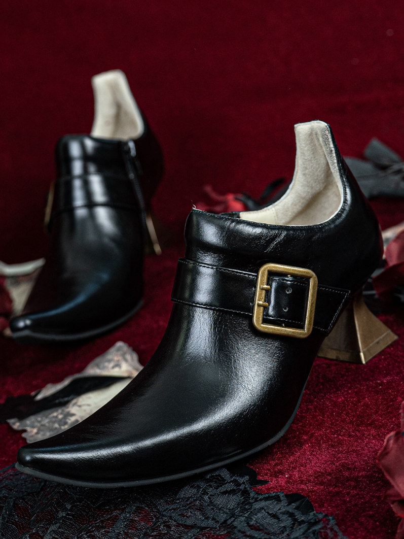 Black and Golden Buckle Pointed Toe Victorian Shoes
