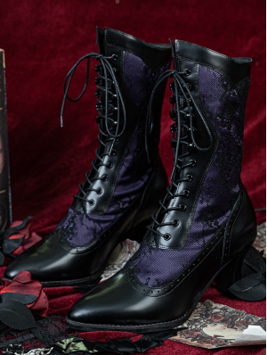 Black and Purple Lace Spliced Victorian Leather Boots