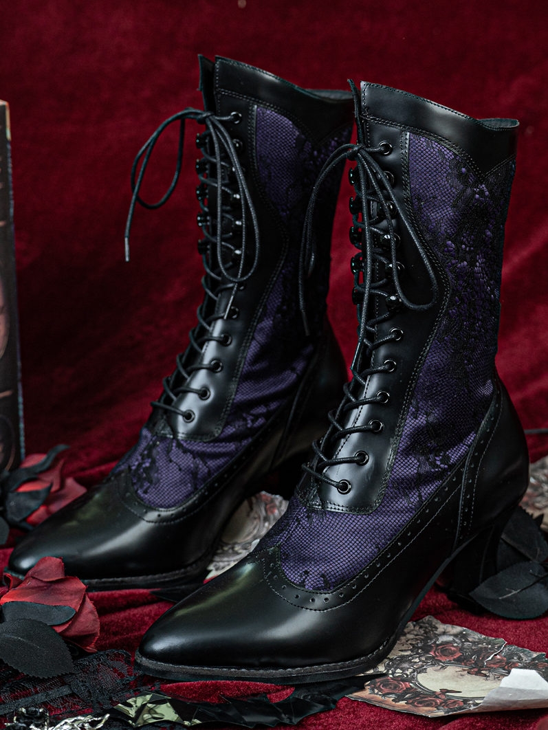 Black and Purple Lace Spliced Victorian Leather Boots