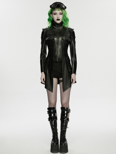 Black Gothic Punk Metal Chain Functional PU Leather Jacket for Women