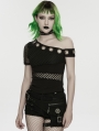 Black Gothic Punk Slant Shoulder Mesh T-Shirt for Women