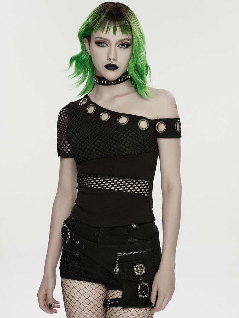 Black Gothic Punk Slant Shoulder Mesh T-Shirt for Women