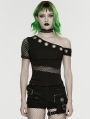 Black Gothic Punk Slant Shoulder Mesh T-Shirt for Women