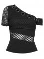 Black Gothic Punk Slant Shoulder Mesh T-Shirt for Women