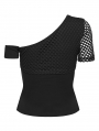 Black Gothic Punk Slant Shoulder Mesh T-Shirt for Women