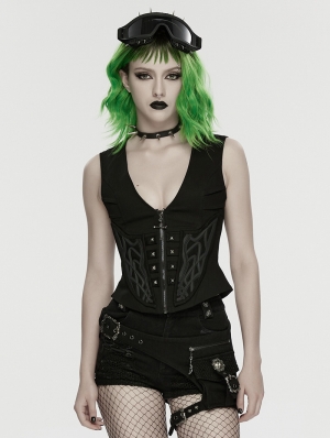 Black Gothic Cyberpunk Metal Zipper Vest for Women