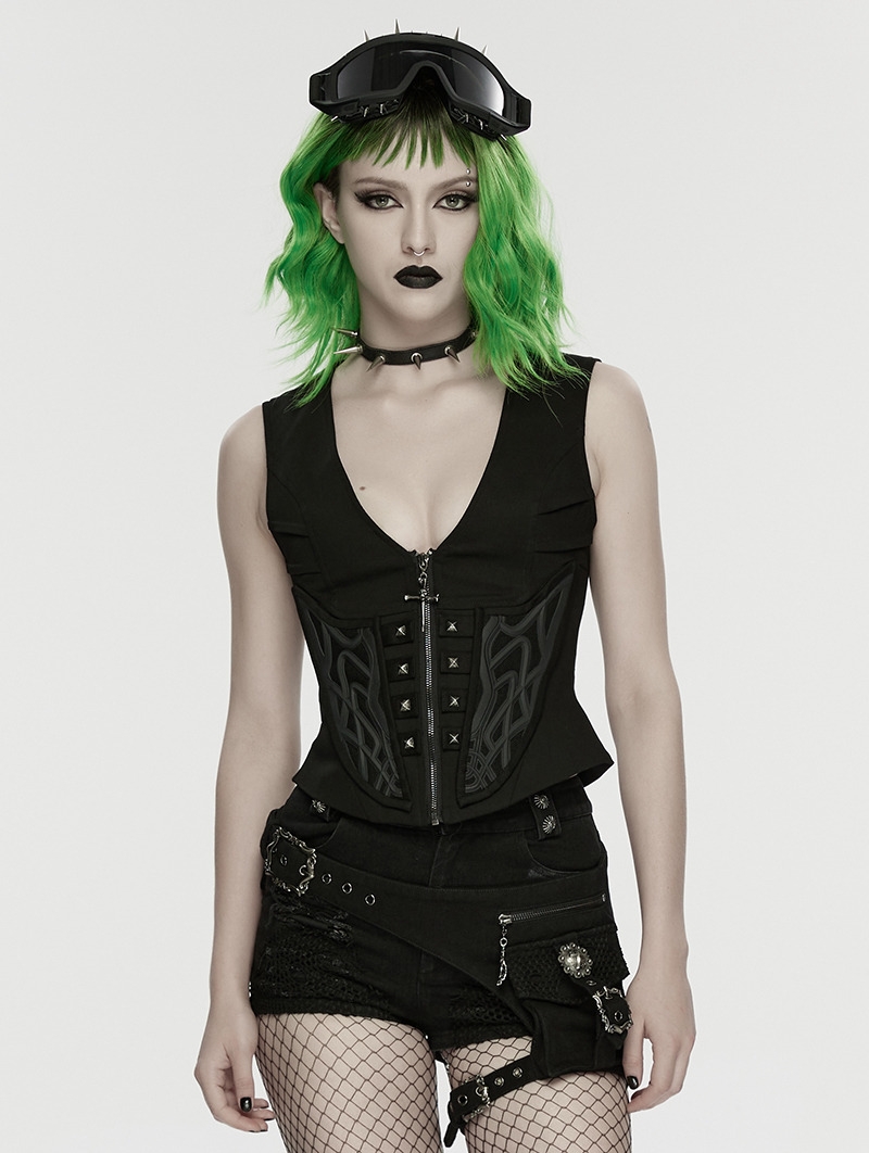 Black Gothic Cyberpunk Metal Zipper Vest for Women