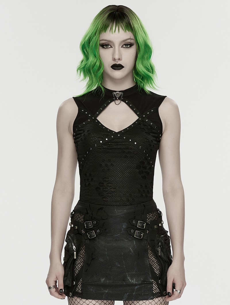 Black Gothic Punk Hollow Out Studded Vest Top for Women