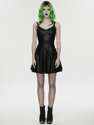 Black Gothic Punk PU Leather Rivets Slip A-Line Dress
