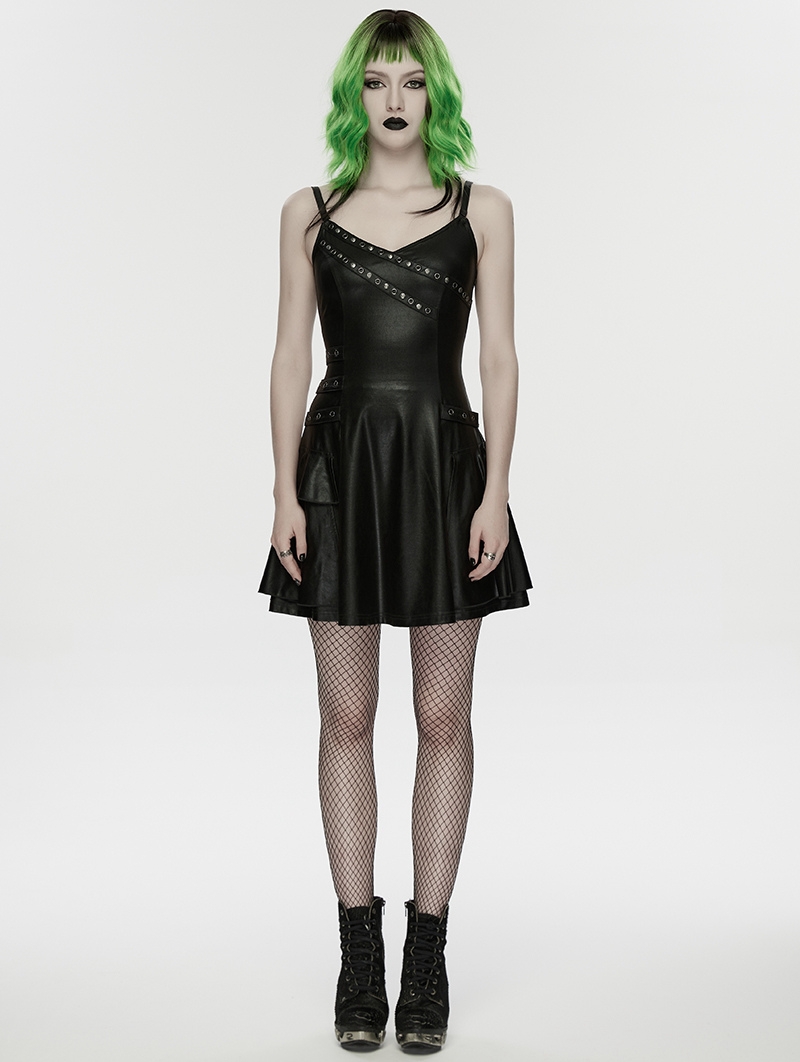 Black Gothic Punk PU Leather Rivets Slip A-Line Dress
