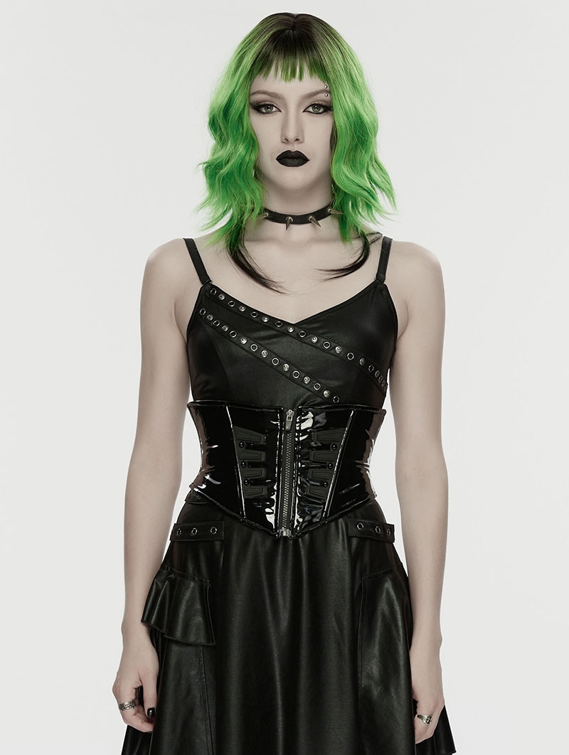 Black Gothic Cyberpunk Gloss Patent Leather Corset Waistband