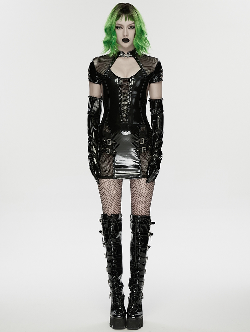 Black Gothic Punk Sexy Gloss Patent Leather Short Dress