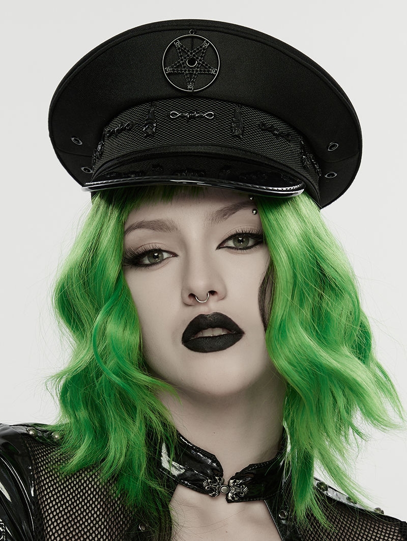 Black Gothic Punk Military Glossy Leather Hat