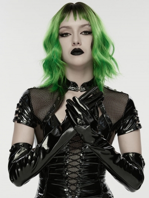 Black Gothic Punk Glossy Patent Leather Gloves