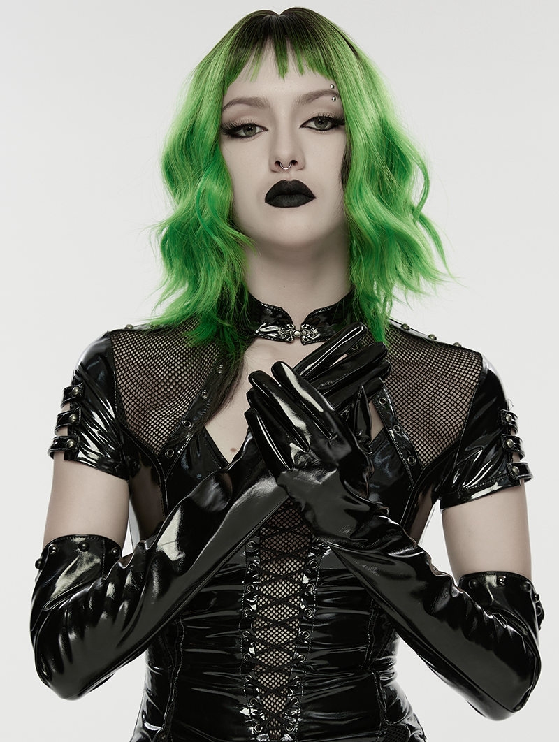 Black Gothic Punk Glossy Patent Leather Gloves