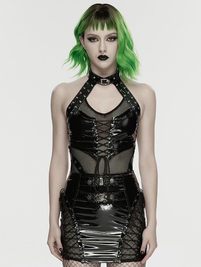 Black Gothic Punk Structured Hollow Vest Top for Women