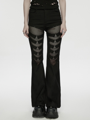 Black Gothic Punk Mesh Spliced Flared Pants for Women