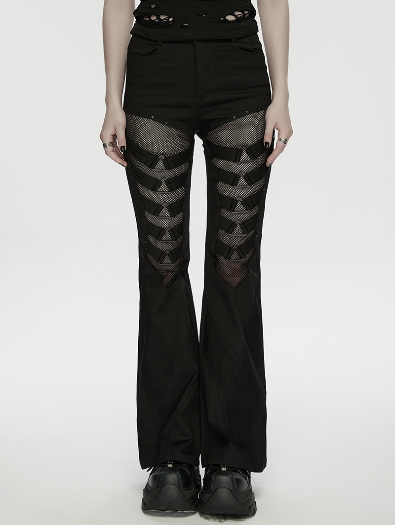 Black Gothic Punk Mesh Spliced Flared Pants for Women