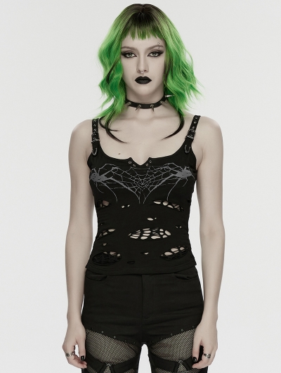 Black Gothic Punk Punk Spider Tattered Vest Top for Women