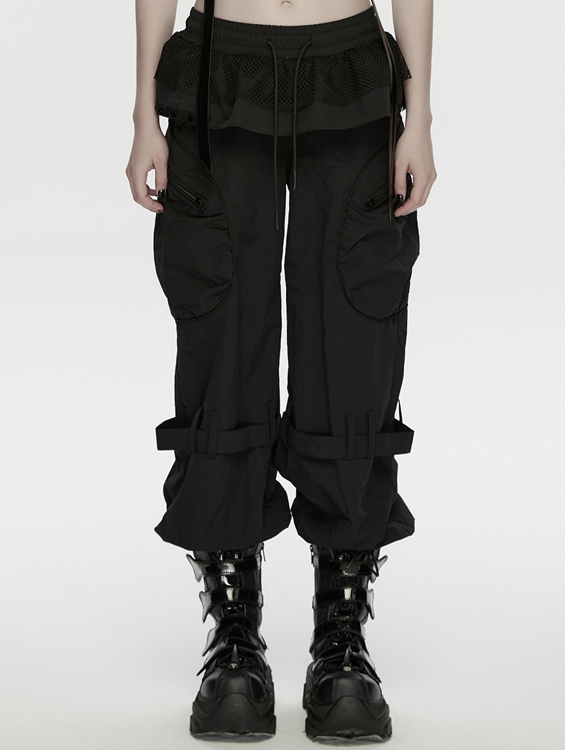 Black Gothic Punk Loose Cuffed Cargo Pants for Women