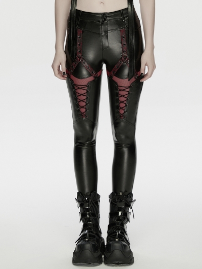 Black and Red Gothic Cyberpunk Mesh Panel Leather Leggings for Women