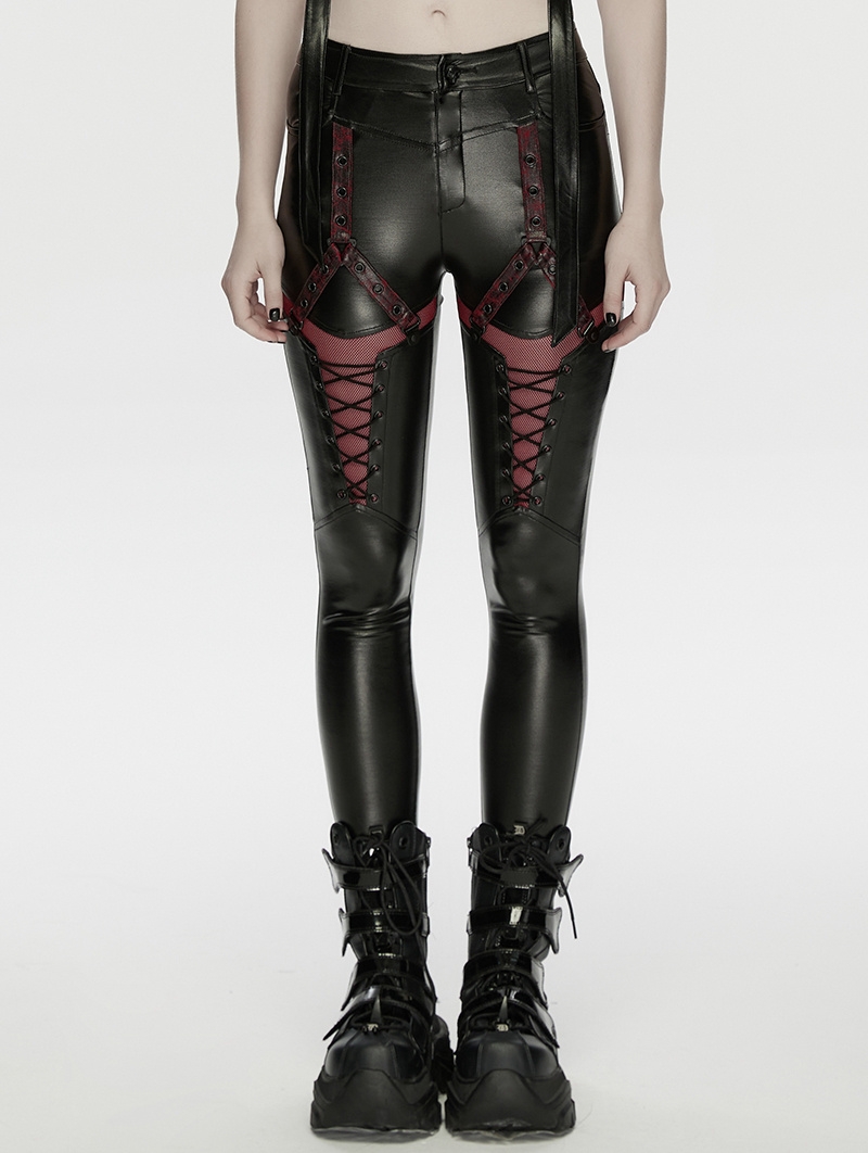 Black and Red Gothic Cyberpunk Mesh Panel Leather Leggings for Women