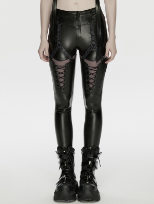 Black Gothic Cyberpunk Mesh Panel Leather Leggings for Women