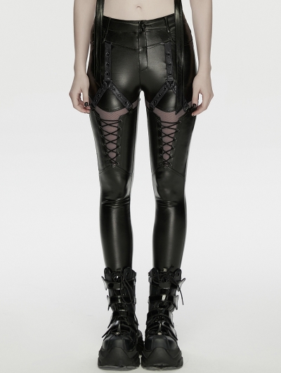 Black Gothic Cyberpunk Mesh Panel Leather Leggings for Women