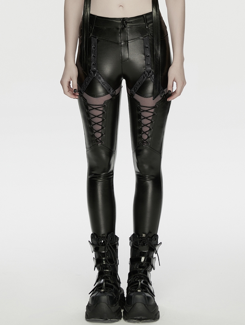 Black Gothic Cyberpunk Mesh Panel Leather Leggings for Women