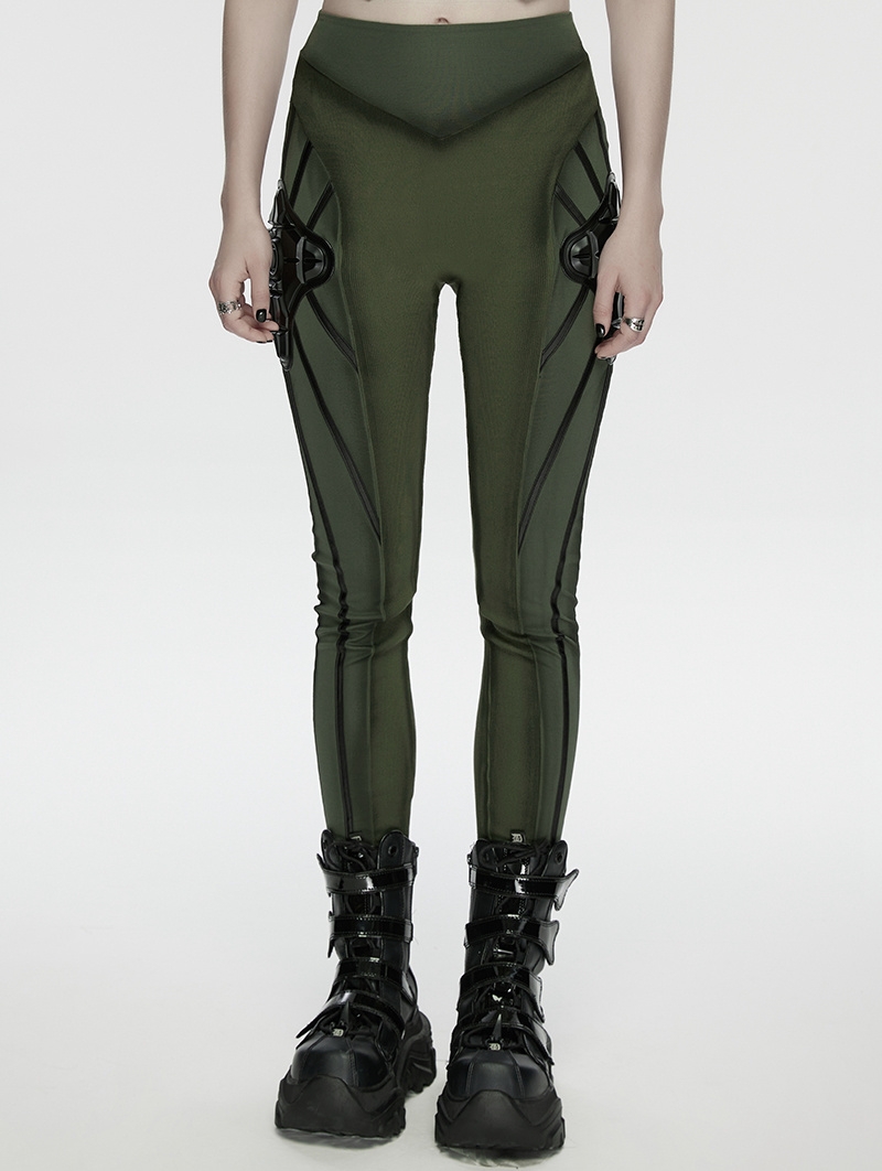 Black and Green Gothic Cyberpunk Leggings for Women