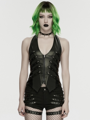 Black Gothic Punk Studded Halter Neck Vest for Women