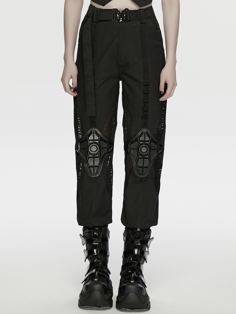 Black Gothic Cyberpunk Buckled Cargo Pants for Women