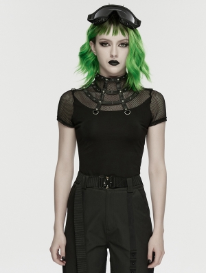 Black Gothic Punk Mesh Spliced Stand Up Collar T-Shirt for Women