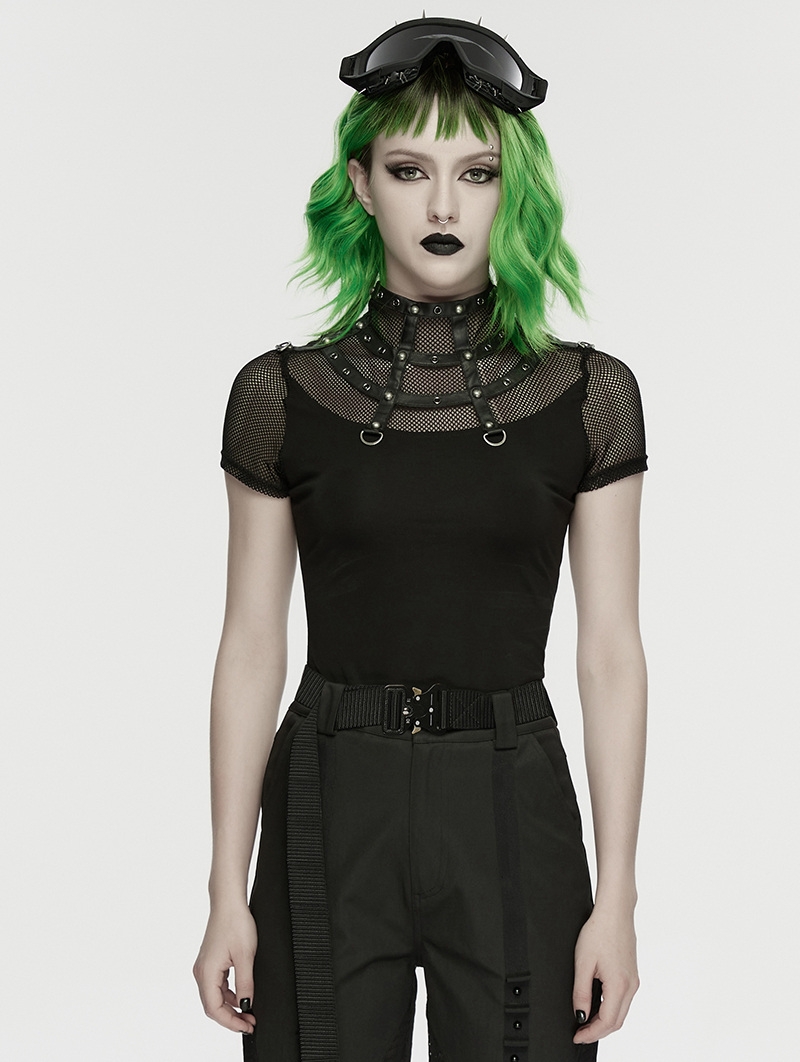 Black Gothic Punk Mesh Spliced Stand Up Collar T-Shirt for Women