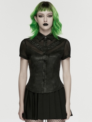 Black Gothic Punk Personality Mesh Spliced Short Sleeve Shirt for Women