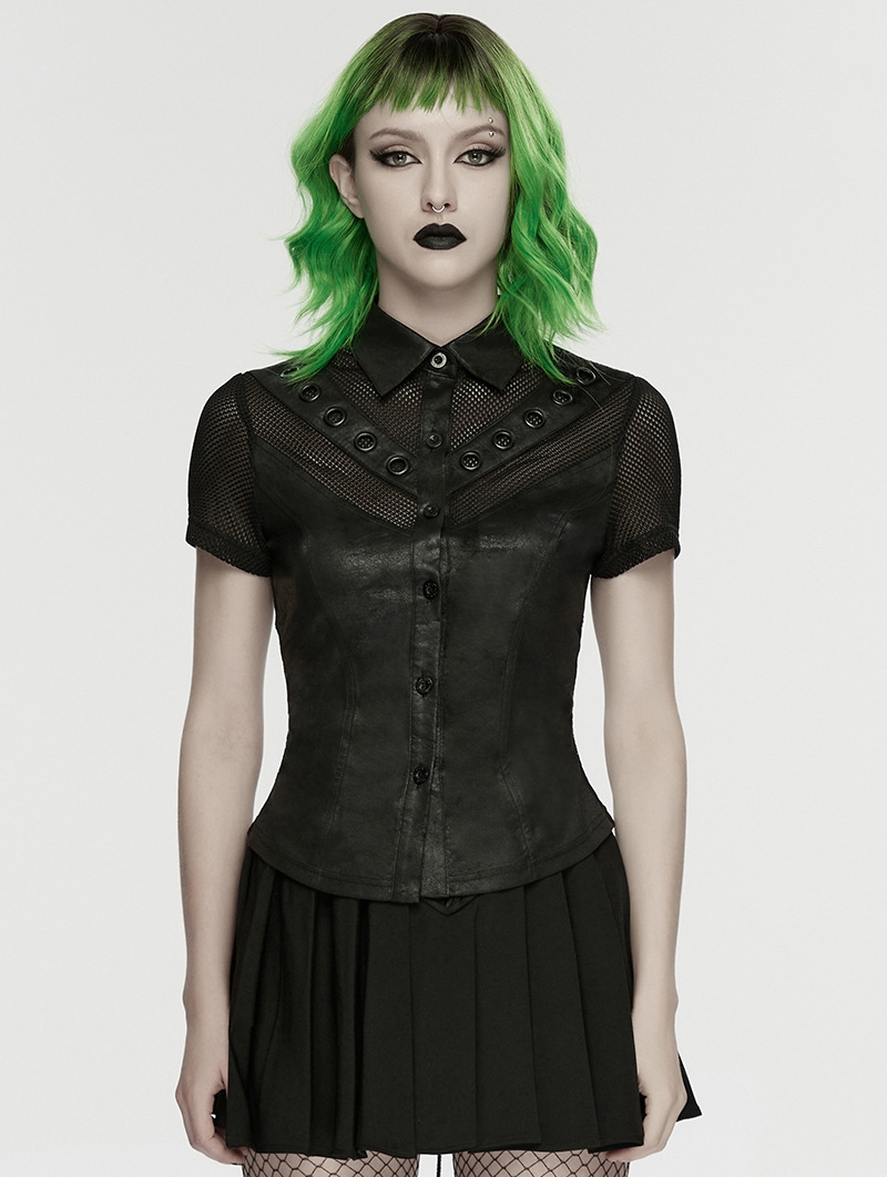 Black Gothic Punk Personality Mesh Spliced Short Sleeve Shirt for Women