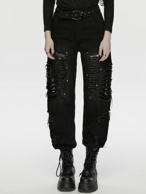 Black Gothic Punk Decadent Denim Pants for Women