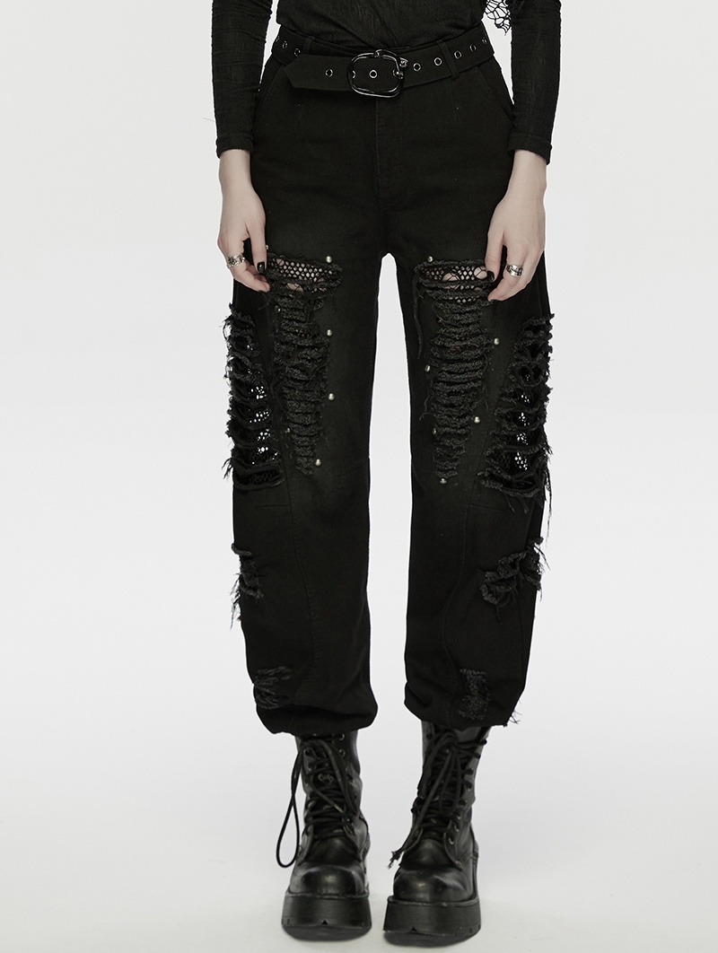 Black Gothic Punk Decadent Denim Pants for Women