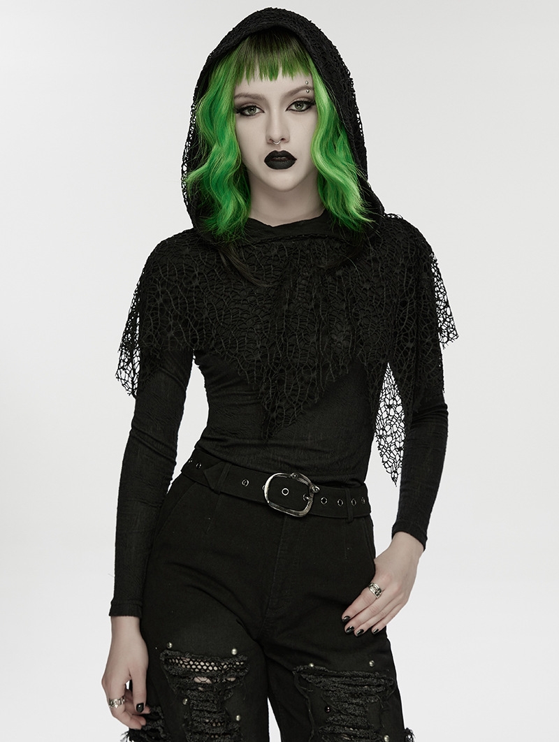 Black Wasteland Punk Gothic Hooded Long Sleeve T-Shirt for Women