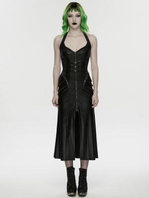 Black Gothic Cyberpunk Zipper Split Halter Long Dress