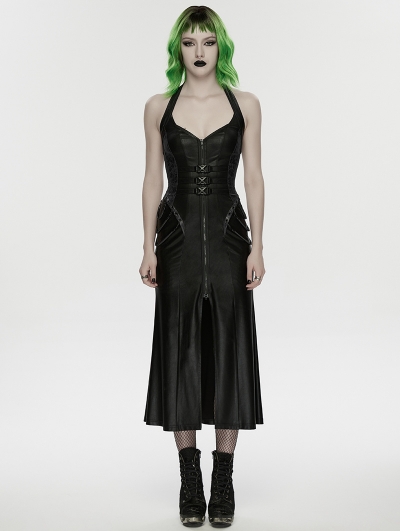 Black Gothic Cyberpunk Zipper Split Halter Long Dress
