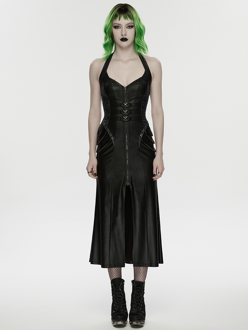 Black Gothic Cyberpunk Zipper Split Halter Long Dress