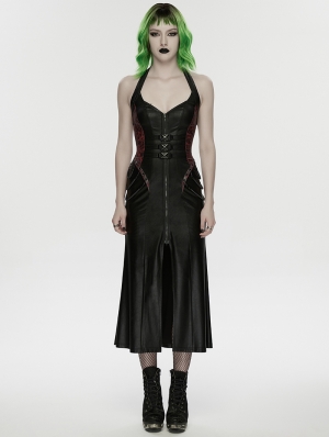 Black and Red Gothic Cyberpunk Zipper Split Halter Long Dress