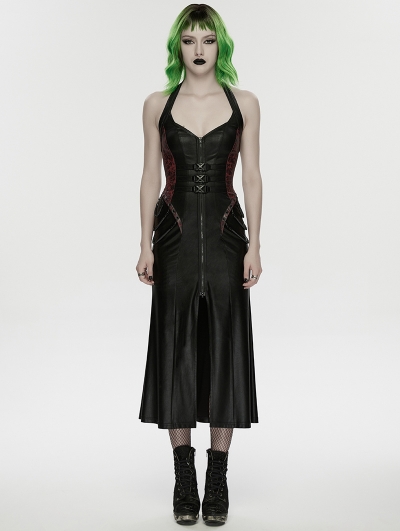 Black and Red Gothic Cyberpunk Zipper Split Halter Long Dress